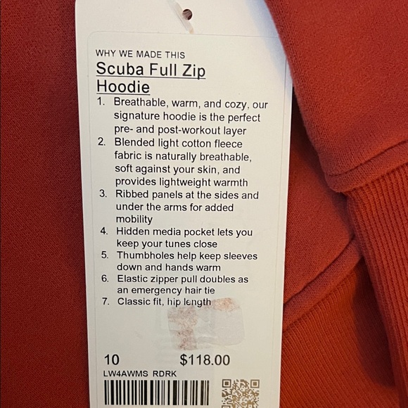 Lululemon NWT Scuba Full Zip Hoodie Red Rock Size 10 - Picture 3 of 5